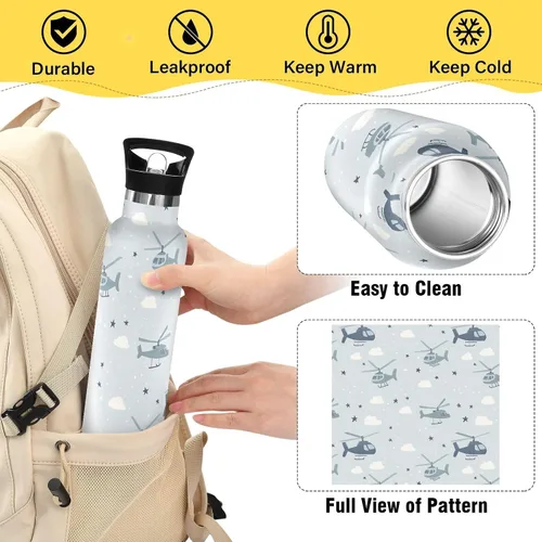 Vista 4 de Insulated Water Bottle with Straw Helicopter and Stars Cloud Silver Double Wall Vacuum Insulated Lightweight for Sport Gym Outdoor Travel School 13