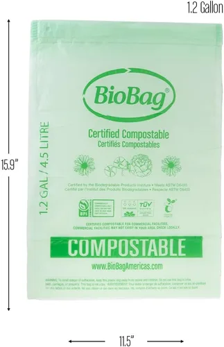 Vista 4 de Bolsas de basura compostables con cordón de 1.2 galones para restos de alimentos de BioBag, 80 unidades, certificadas por BPI, cumplen