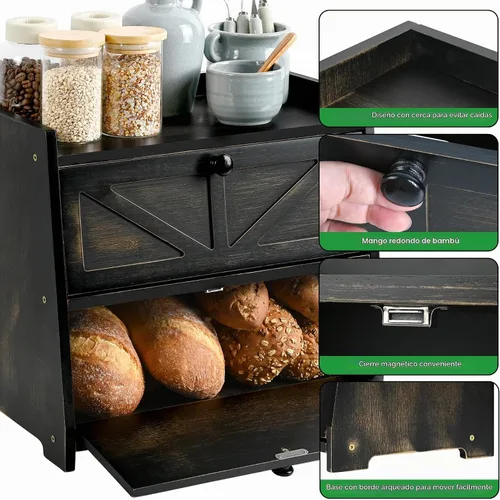 Vista 4 de Caja de Pan Vintage de Doble Capa para Encimera de Cocina, Contenedor de Almacenamiento de Pan de Bambú, Caja de Pan para Pan Casero, Caja de Pan