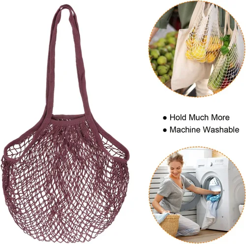Vista 6 de MECCANIXITY Bolsa de malla de algodón con asa larga, reutilizable, lavable, malla de cadena, organizador de bolsas de comestibles para frutas