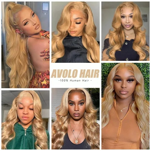 Vista 3 de Avolo Peluca de cabello humano rubio miel con encaje frontal prearrancado de 13 x 4, pelucas de encaje frontal de cabello humano coloreadas, Honey