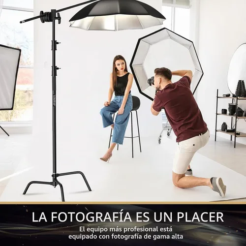 Vista 6 de LOMTAP - Soporte C para luz de fotografía en metal inoxidable - Kit resistente con poste vertical de 10.8 pies/3.3 metros, brazo de pluma de 4.2