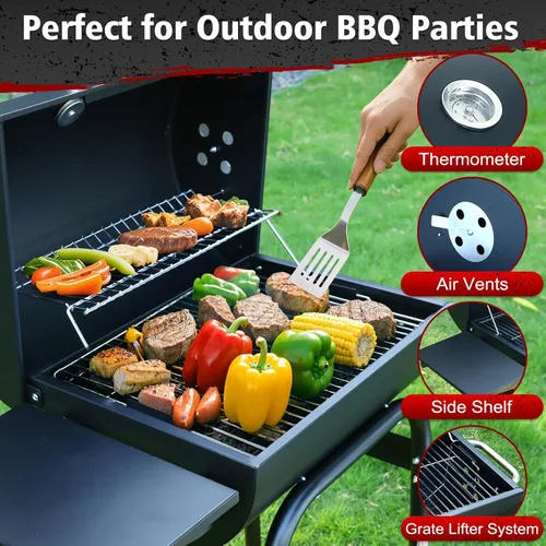 Vista 6 de Parrilla de carbón de barril: parrilla de BBQ al aire libre premium espaciosa con mesa lateral - Ideal para cocinar en el patio, asar en el patio