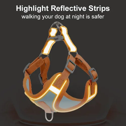 Vista 5 de Juego de arnés reflectante ajustable para el pecho del perro, sin tirones, clip frontal, transpirable, de nailon suave para perros pequeños