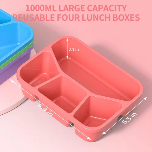 Vista 2 de Bento - Lonchera para adultos (paquete de 4), recipiente de preparación de comidas de 4 compartimentos con cubierta transparente, contenedores