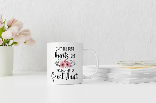Vista 3 de QASHWEY Taza de café con texto en inglés «Only The Best Aunts Get Promoted to Great Aunt», divertidos regalos de anuncio de embarazo para tía, tías