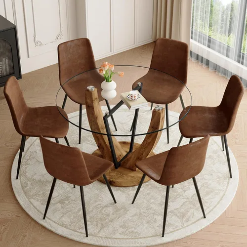 Vista 17 de Juego de mesa redonda de cristal de 5 piezas para 4, mesa de comedor moderna de 48 pulgadas con base de grano de madera, sillas tapizadas de gamuza