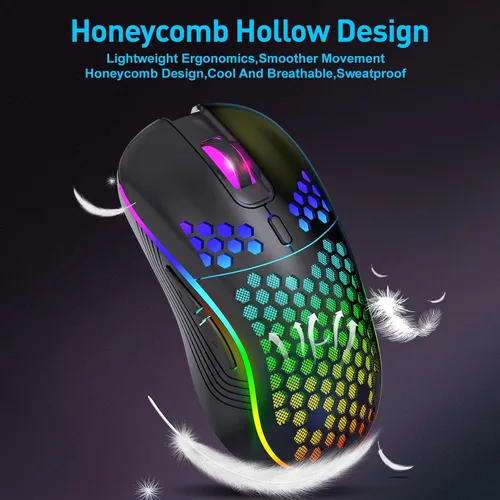 Vista 3 de JYCSTE Ratón inalámbrico para juegos, mouse ergonómico de computadora recargable, diseño de panal con retroiluminación RGB, receptor USB, 6 botones