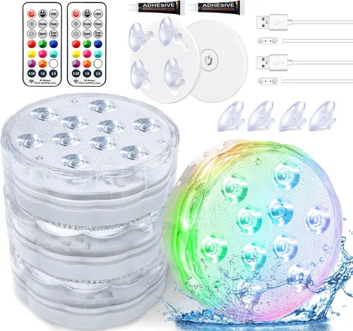 Vista 9 de Qoolife - Luces recargables sumergibles para piscina con mando a distancia, impermeables, carga subacuática, operadas por batería, controladas, 25