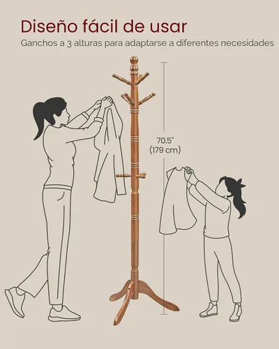 Vista 5 de VASAGLE Perchero de madera maciza y soporte, árbol de pasillo independiente con 10 ganchos para sombreros, bolsos, carteras, para entrada, pasillo