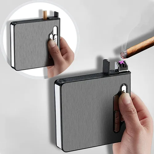 Vista 2 de Estuche para cigarrillos con encendedor, caja de expulsión automática para paquete completo, 20 cigarrillos de tamaño regular, encendedores de doble