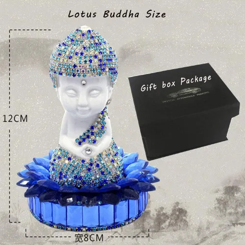 Vista 3 de Blanco cerámica Dimaond Lotus Buddha estatua coche/oficina/hogar interior bendición ornamento (azul)