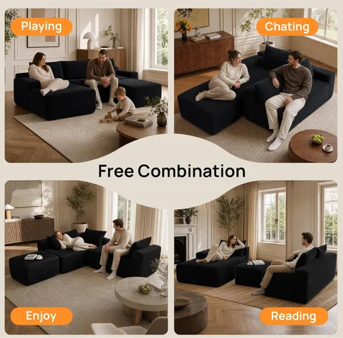 Vista 5 de Sofá modular en forma de U negro de 96.9 pulgadas, sofá modular con otomanas, sofá de nube sin hueso con otomanas, juego de sala de estar de espuma