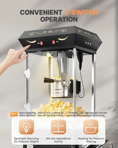 Vista 5 de Máquina de palomitas de maíz de 8 onzas con carro, máquina para hacer maíz con ruedas y hervidor de acero inoxidable que hace hasta 32 tazas