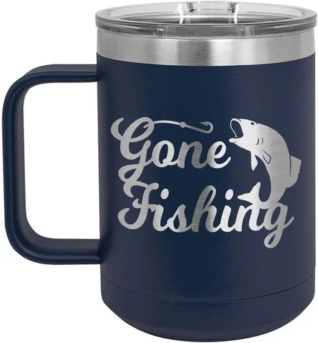 Vista 5 de GONE FISHING Taza de café negra de 15 oz con tapa deslizante Taza de café de viaje aislada Ideas de regalos de cumpleaños o Navidad de mujeres u
