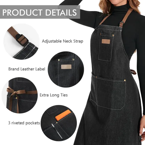 Vista 3 de ROTANET Delantal de trabajo de mezclilla con 3 bolsillos, delantales para chef, estilista, cocina, carpintería, para hombres y mujeres, azul y negro