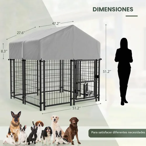 Vista 7 de Greesum - Perrera grande para exterior de perros, con valla de alambre soldado resistente de acero, con cerradura segura/cubierta de techo