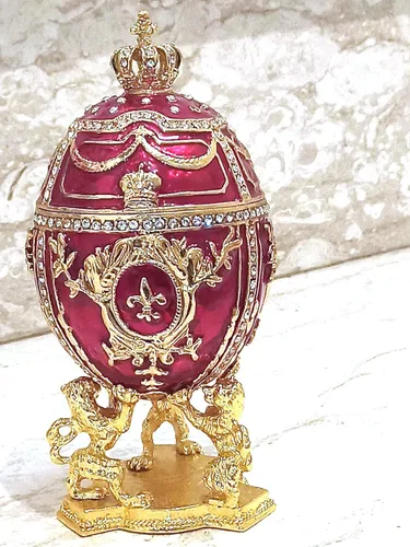 Vista 2 de Designer Faberge Egg SET Christmas Day Love Wreath Royal Red Fabergé Egg 24KGOLD Caja de joyería rusa Faberge huevo baratija hecha a mano 200