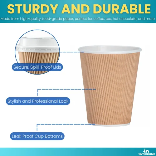 Vista 4 de Tazas de café desechables con tapas, tazas de papel de 10 onzas, pared ondulada aislada, paquete de 50
