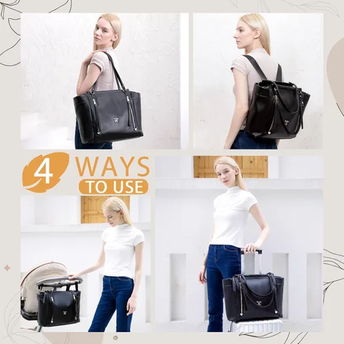 Vista 2 de miss fong Bolsa de pañales de cuero para pañales, bolsa de pañales de gran capacidad, bolsa de hospital, bolsa de pañales para bebé con cambiador