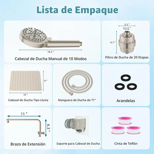 Vista 7 de Cabezal de ducha filtrado de metal de 10 pulgadas con 10 modos de mano
