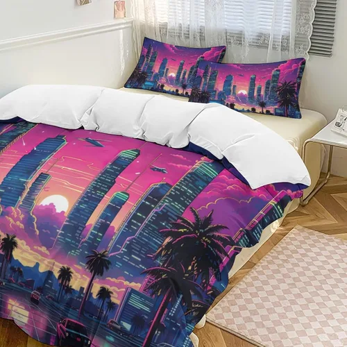Vista 17 de Landscape Duvet Cover Full Size, Ultra Soft Microfiber Cityscape Bedding Set, 3 Pieces Night Scenery Pattern Comforter Cover Set with Zipper Closure