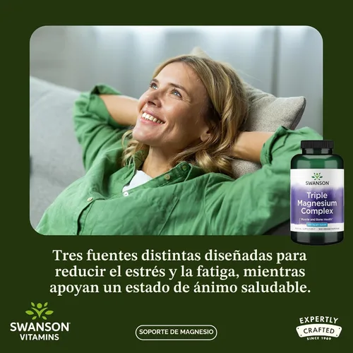 Vista 2 de Swanson Complejo Triple de Magnesio - Suplemento de Magnesio para el Cerebro, Energía, Huesos, Estrés, Músculos y Apoyo del Sueño* - Contiene