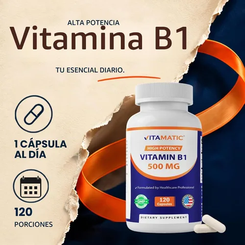 Vista 5 de Vitamatic Vitamina B1 500 mg (mononitrato de tiamina), 120 cápsulas Alta potencia B1, apoya la salud del sistema nervioso y el metabolismo