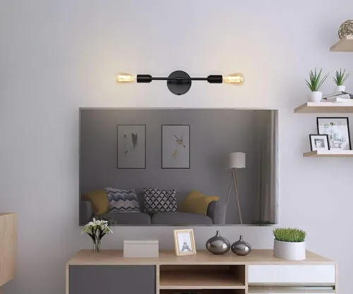 Vista 7 de Lámparas de tocador de baño negras de 2 luces, modernas lámparas de pared industriales con cable de interruptor de encendido/apagado, juego de dos