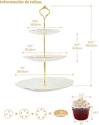 Vista 5 de DUJUST Lujo Soporte para Magdalenas de Porcelana de 3 Niveles en Forma de Torre, Bandeja de Servir de Estilo Británico con Borde Dorado, Soporte