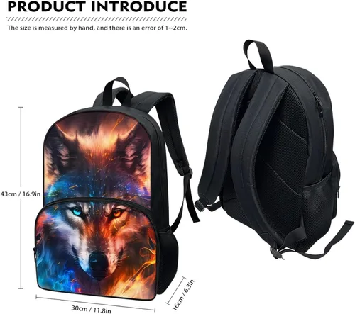 Vista 6 de Mochila genial para niños, mochila de lobo, mochila negra grande de 17 pulgadas, perfecta para 6 a 14 años, Fire and Ice