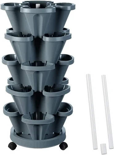 Vista 31 de Macetas verticales de fresa, paquete de 2 unidades, torre apilable de 5 niveles con poste de soporte, macetas apilables para hierbas y verduras