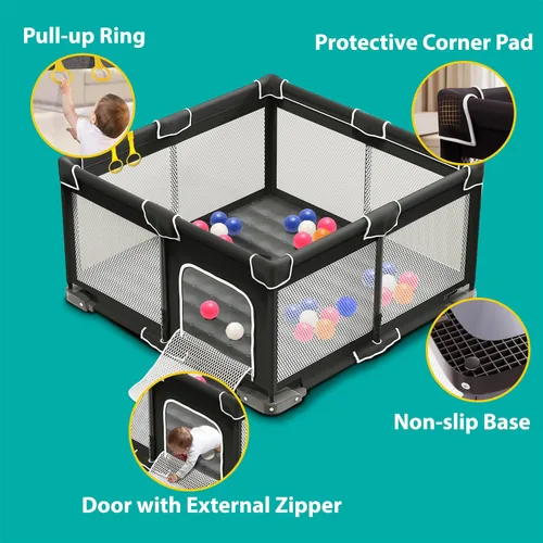 Vista 5 de ICAREWAY Corralito plegable para bebés y niños pequeños, corralito portátil de 50 x 50 pulgadas, corralito de juego plegable para niños con 2 asas