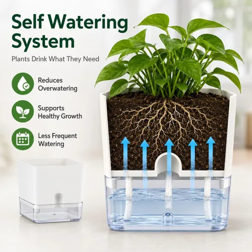 Vista 7 de Planterhoma Macetas de riego automático para plantas de interior de 4.3 pulgadas, 6 paquetes de macetas cuadradas de riego automático con orificio