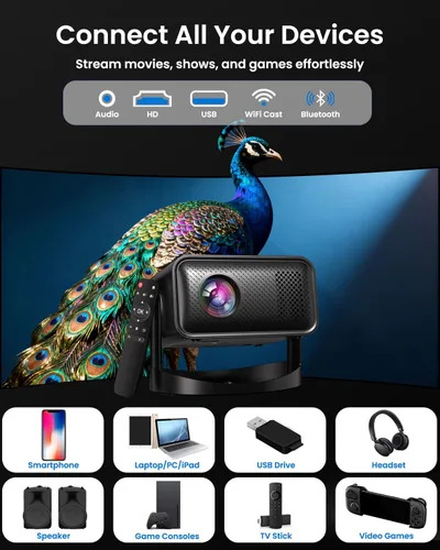 Vista 5 de Mini proyector inteligente con WiFi y Bluetooth, [aplicaciones integradas] Proyector portátil compatible con 4K nativo 1080P 4K para techo