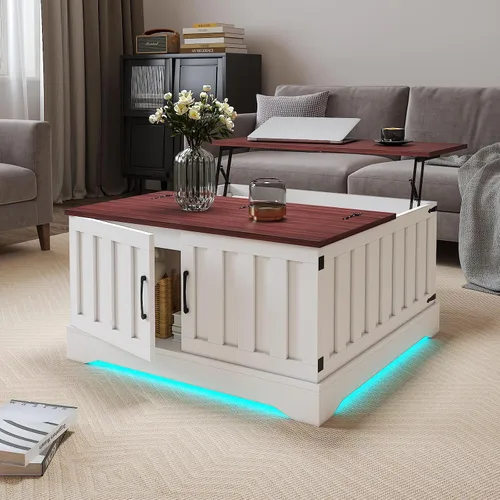 Vista 3 de HedoAjim Mesa auxiliar elevable de 31.5 pulgadas con almacenamiento, mesa de centro cuadrada blanca LED con gran almacenamiento oculto, mesa central
