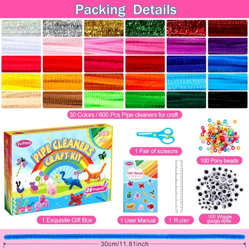 Vista 3 de 800pcs Pipe Cleaners Crafts Kit, 30 Colors Pipe Cleaners Bulk with 20 Guide 1.30 Multicolor
