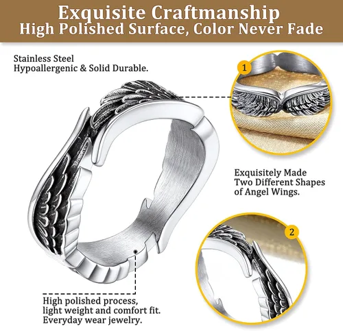 Vista 5 de Bestyle Anillos antiguos de ala de ángel para mujeres y hombres, anillos de banda de plumas de guardián, anillos de promesa de pareja