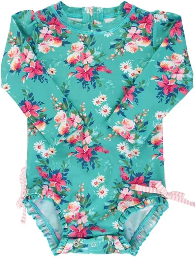 Vista 70 de RuffleButts - Traje de baño de una pieza con protección solar UPF 50+, camiseta de protección floral estampado, manga larga, con cierre zipper