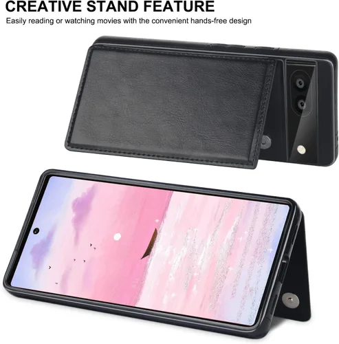 Vista 4 de Bizzib para Google Pixel 6A Funda de cuero tipo cartera con tarjetero, cubierta tipo libro con pata de pie, cierre magnético, funda protectora a