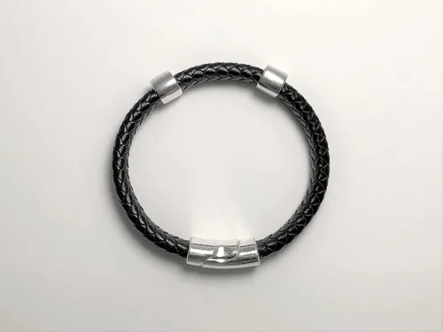 Vista 3 de Black Braided Leather and Silver Bracelet with Magnetic Clasp for Men and Women