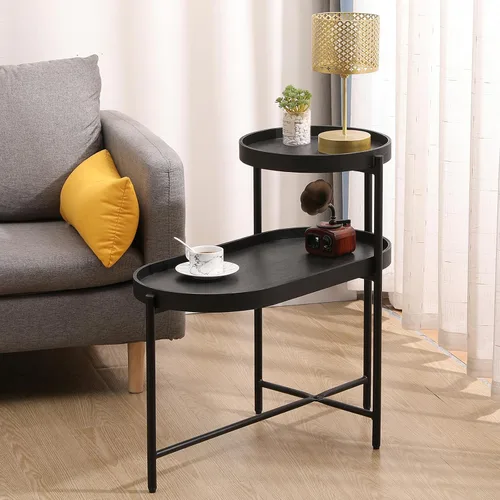 Vista 7 de Mesa auxiliar redonda de 2 niveles con extremo de café irregular, mesa pequeña con marco de metal para sala de estar, dormitorio (negro)