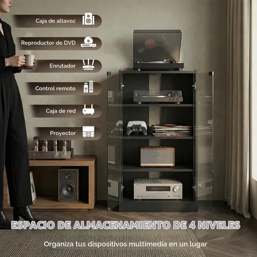 Vista 4 de HOMCOM Media Cabinet - Gabinete estéreo de 4 niveles con puerta de cristal