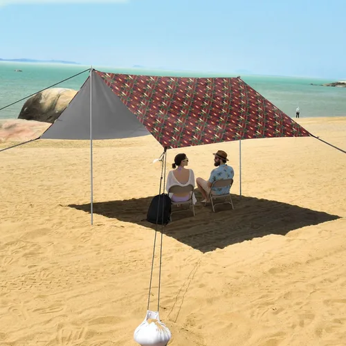 Vista 7 de Corona y velas doradas de Navidad a cuadros rojos, toldo plegable para playa, protección UPF50+, fácil de instalar, refugio solar grande
