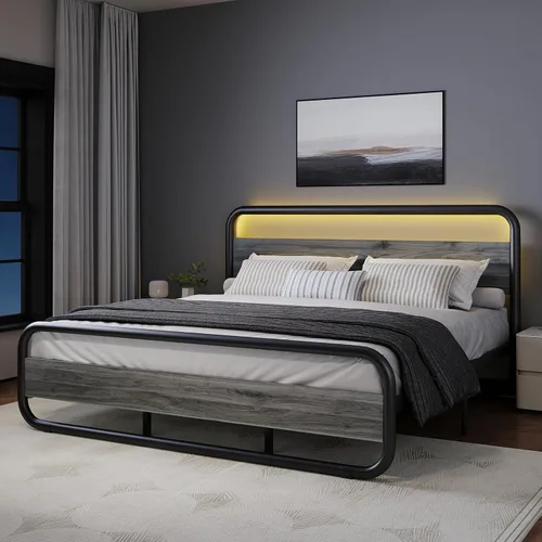 Vista 17 de Catrimown - Marco para cama individual con luces LED, marco de cama plataforma individual resistente de metal rústico con cabecera de madera