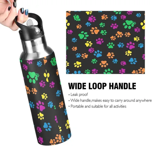 Vista 4 de Colorful Dog Paw Prints Stainless Steel Water Bottle 32 Oz, BPA-Free Sports Water Bottle with Straw Leakproof Water Bottles