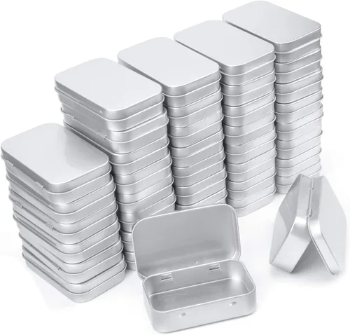 Vista 7 de Aybloom Latas rectangulares de metal vacías con bisagras – Paquete de 40 mini recipientes portátiles plateados kit de almacenamiento pequeño