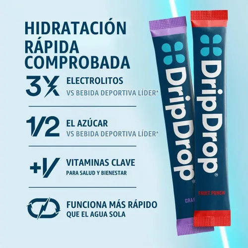 Vista 2 de DripDrop ORS Hydration - Paquetes de electrolitos en polvo - uva, ponche de frutas, limonada de fresa, cereza, 32 unidades Grape, Fruit Punch