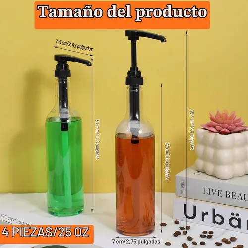 Vista 2 de 4 botellas de jarabe con bomba, botellas transparentes de cuello largo de 25 onzas / 25.4 fl oz, dispensador de bomba de jarabe de plástico