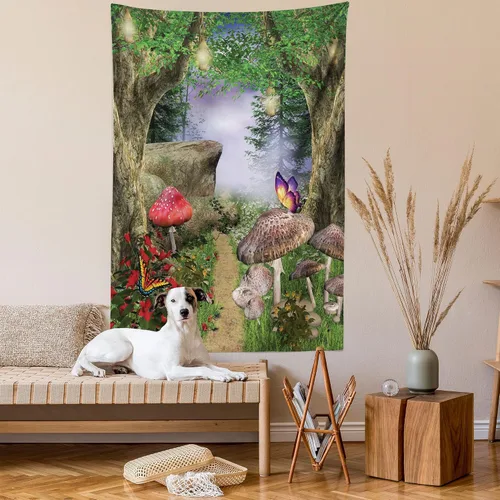 Vista 2 de Ambesonne Tapiz de hongos, camino de la naturaleza encantada, mariposas, paisaje, rocas, decoración para colgar en la pared para dormitorio, sala